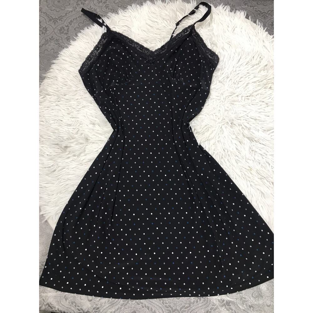 Women Sz M Lingerie Dress Lingerie Sleepwear Polka Dots Lace Trim V-Neck Strappy